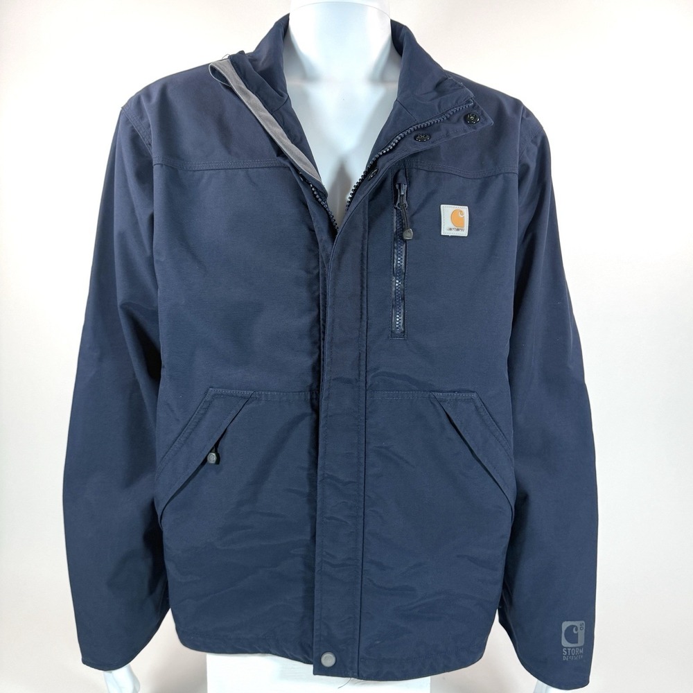 Carhartt‎ Storm Defender Jacket Mens Large Blue Waterproof Hooded Workwear